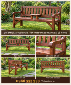 Ghế Băng Sân Vườn BG18 - Tựa Nan Đứng Có Khay Giữa, Gỗ Thông
