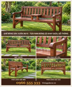 Ghế băng sân vườn BG18 tựa nan đứng khay giữa – ảnh ghép mặt trước, kết cấu, góc bên, góc sau