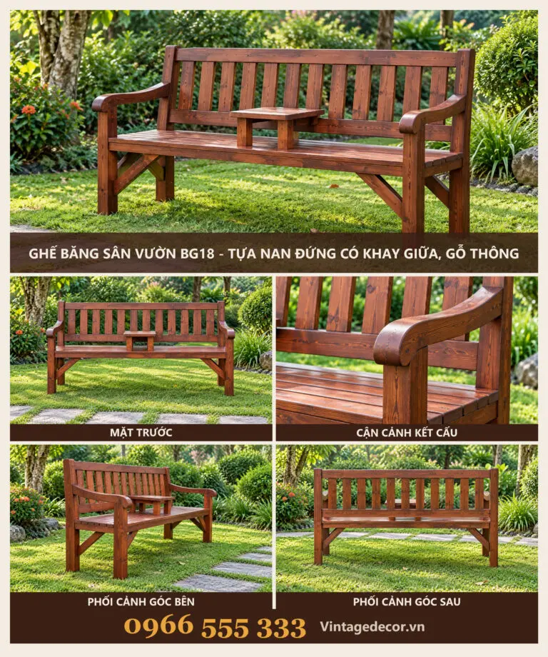 Ghế Băng Sân Vườn BG18 Tựa Nan Đứng Khay Giữa