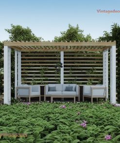 Giàn Hoa Pergola P12 - Cột Trắng Vách Lam Ngang, Gỗ Thông