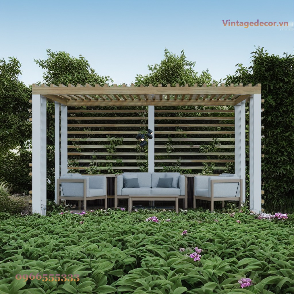 Giàn Hoa Pergola P12 - Cột Trắng Vách Lam Ngang, Gỗ Thông Giàn Hoa Pergola P12 - Cột Trắng Vách Lam Ngang, Gỗ Thông