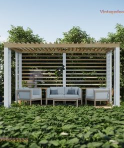 Giàn Hoa Pergola P12 - Cột Trắng Vách Lam Ngang, Gỗ Thông