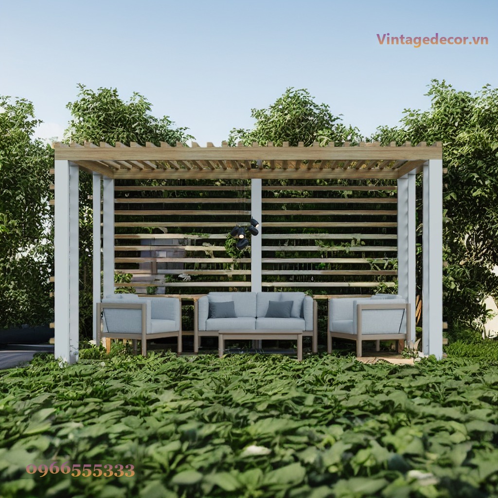 Giàn Hoa Pergola P12 - Cột Trắng Vách Lam Ngang, Gỗ Thông Giàn Hoa Pergola P12 - Cột Trắng Vách Lam Ngang, Gỗ Thông
