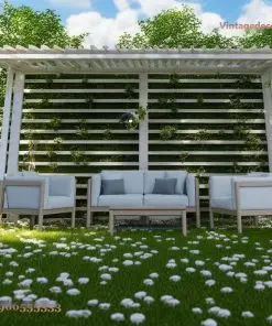 Giàn hoa pergola P12 vách lam ngang phía sau, cột trắng, sofa đệm xanh nhạt, cỏ hoa trắng