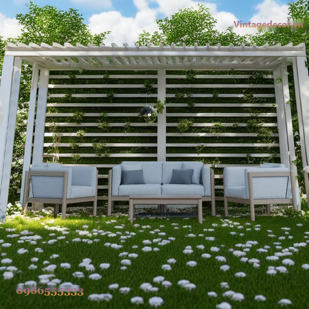 Giàn Hoa Pergola P12 - Cột Trắng Vách Lam Ngang, Gỗ Thông Giàn Hoa Pergola P12 - Cột Trắng Vách Lam Ngang, Gỗ Thông