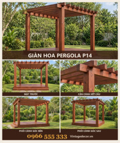 Giàn Hoa Pergola P14 - Khung Vuông Bốn Cột Sàn Gỗ Nâng, Gỗ Thông