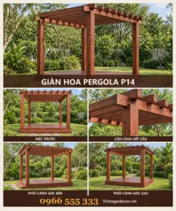 Giàn hoa pergola P14 bốn cột sàn nâng – ảnh ghép mặt trước, kết cấu, góc bên, góc sau