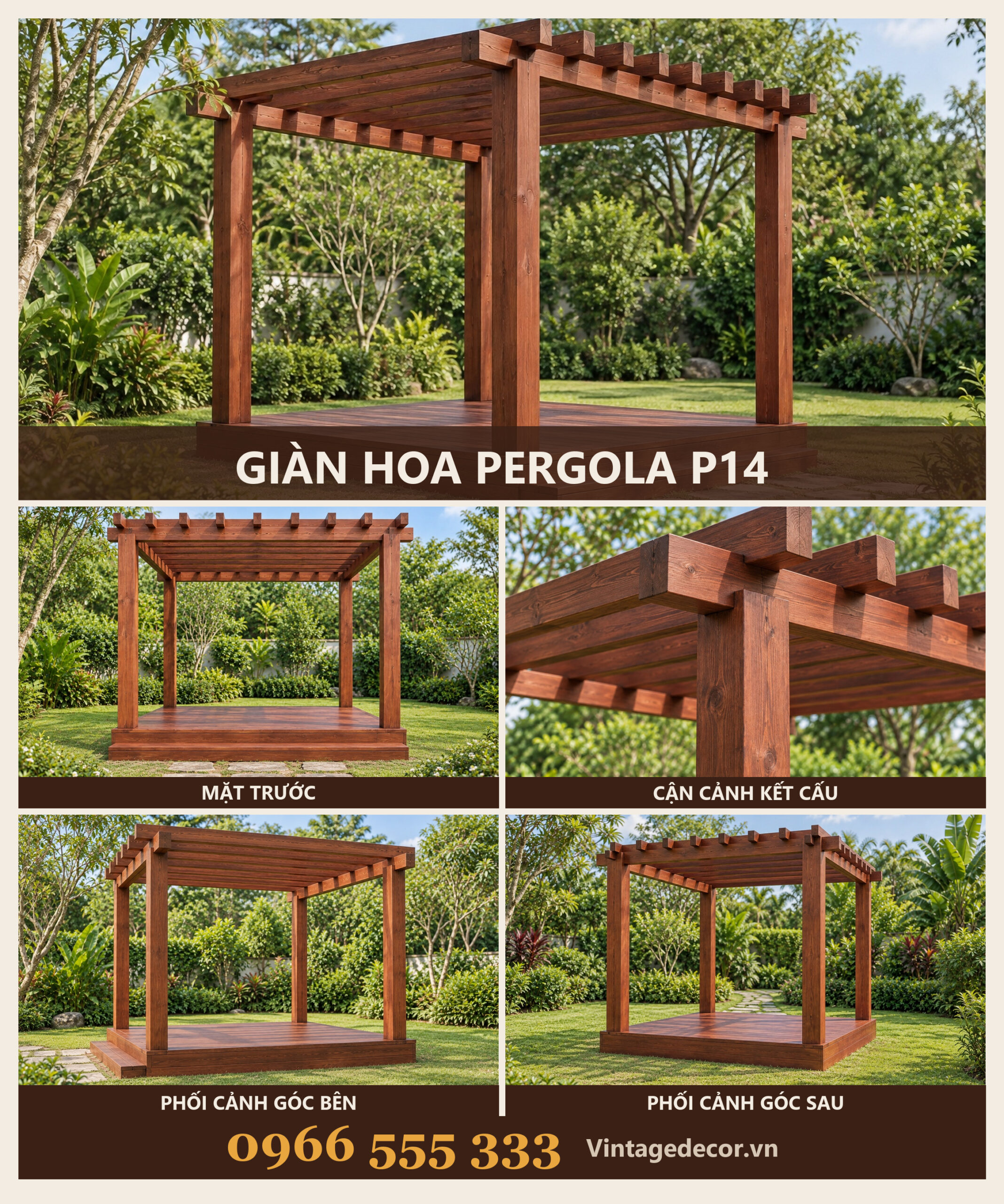 Giàn Hoa Pergola P14 - Khung Vuông Bốn Cột Sàn Gỗ Nâng, Gỗ Thông Giàn Hoa Pergola P14 - Khung Vuông Bốn Cột Sàn Gỗ Nâng, Gỗ Thông