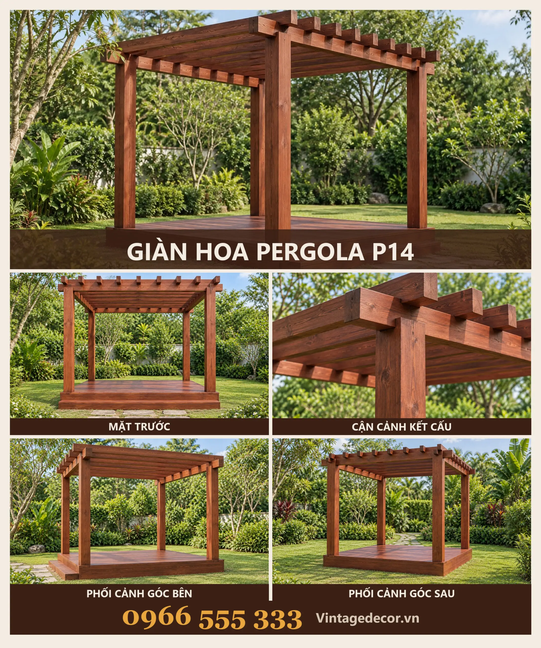 Giàn Hoa Pergola P14 Bốn Cột Sàn Nâng