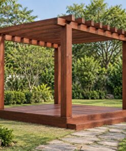 Giàn Hoa Pergola P14 - Khung Vuông Bốn Cột Sàn Gỗ Nâng, Gỗ Thông