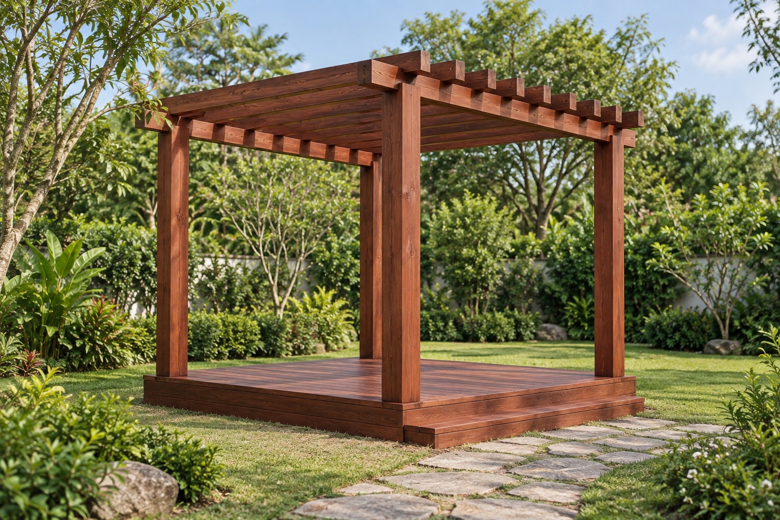 Giàn Hoa Pergola P14 - Khung Vuông Bốn Cột Sàn Gỗ Nâng, Gỗ Thông Giàn Hoa Pergola P14 - Khung Vuông Bốn Cột Sàn Gỗ Nâng, Gỗ Thông