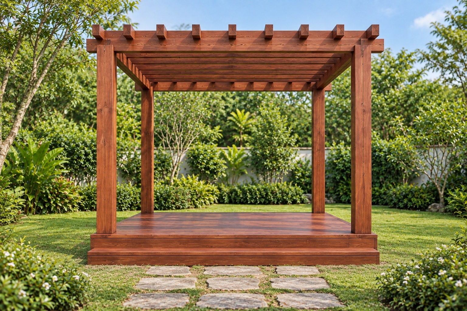 Giàn Hoa Pergola P14 - Khung Vuông Bốn Cột Sàn Gỗ Nâng, Gỗ Thông Giàn Hoa Pergola P14 - Khung Vuông Bốn Cột Sàn Gỗ Nâng, Gỗ Thông