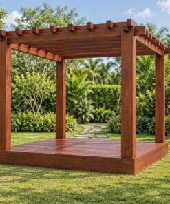 Giàn Hoa Pergola P14 - Khung Vuông Bốn Cột Sàn Gỗ Nâng, Gỗ Thông