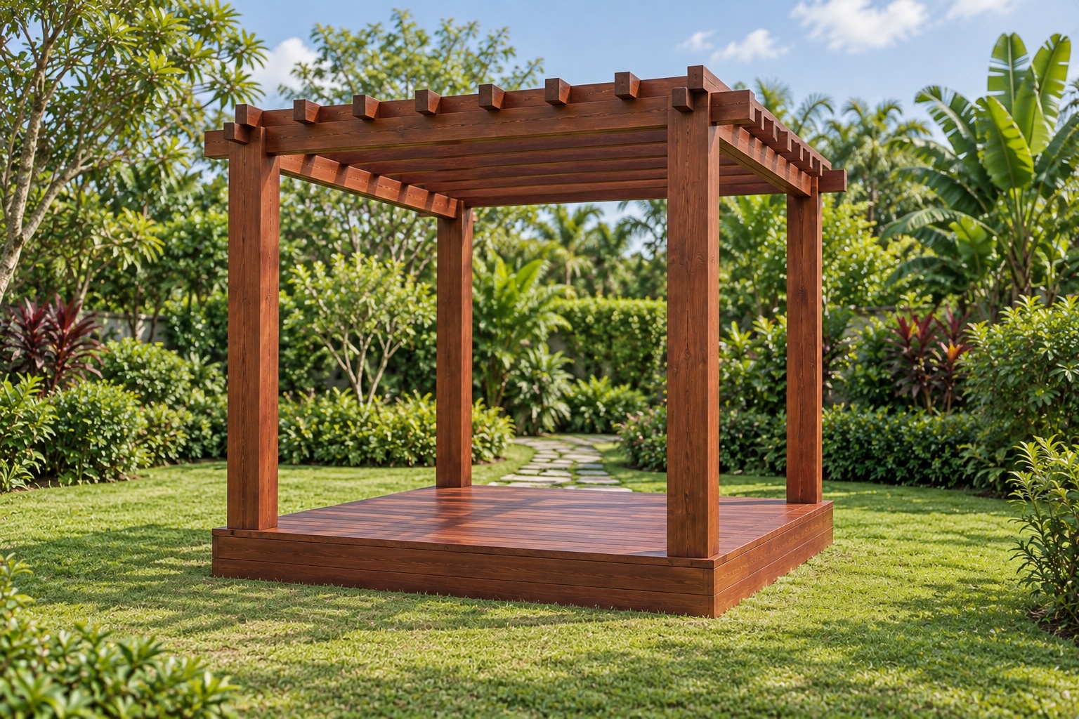 Giàn Hoa Pergola P14 - Khung Vuông Bốn Cột Sàn Gỗ Nâng, Gỗ Thông Giàn Hoa Pergola P14 - Khung Vuông Bốn Cột Sàn Gỗ Nâng, Gỗ Thông
