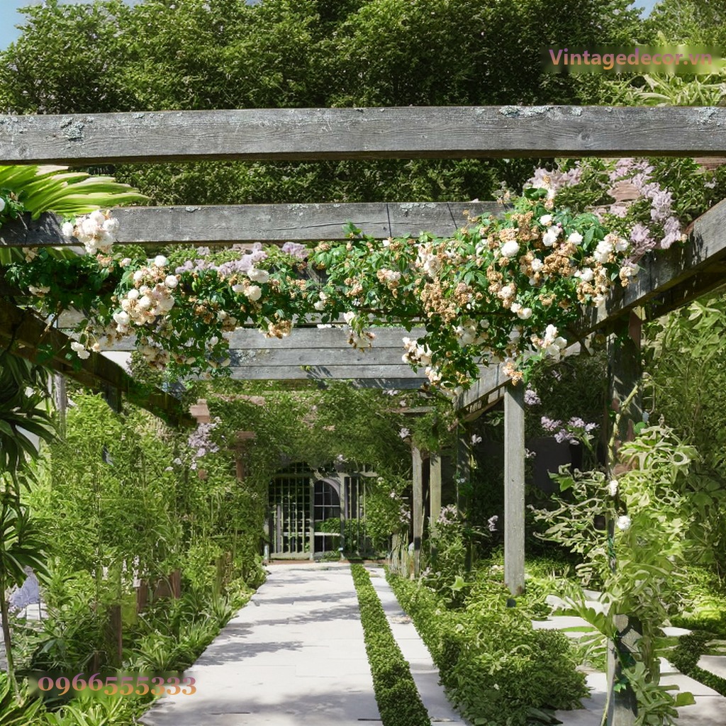 Giàn Hoa Pergola P16 - Hành Lang Dài Phủ Hoa Hồng Leo, Gỗ Thông Giàn Hoa Pergola P16 - Hành Lang Dài Phủ Hoa Hồng Leo, Gỗ Thông