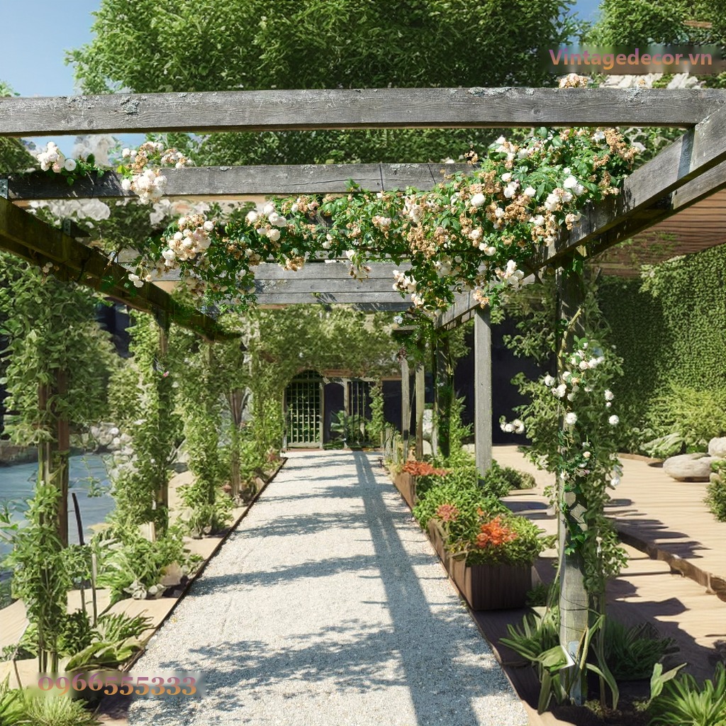 Giàn Hoa Pergola P16 - Hành Lang Dài Phủ Hoa Hồng Leo, Gỗ Thông Giàn Hoa Pergola P16 - Hành Lang Dài Phủ Hoa Hồng Leo, Gỗ Thông