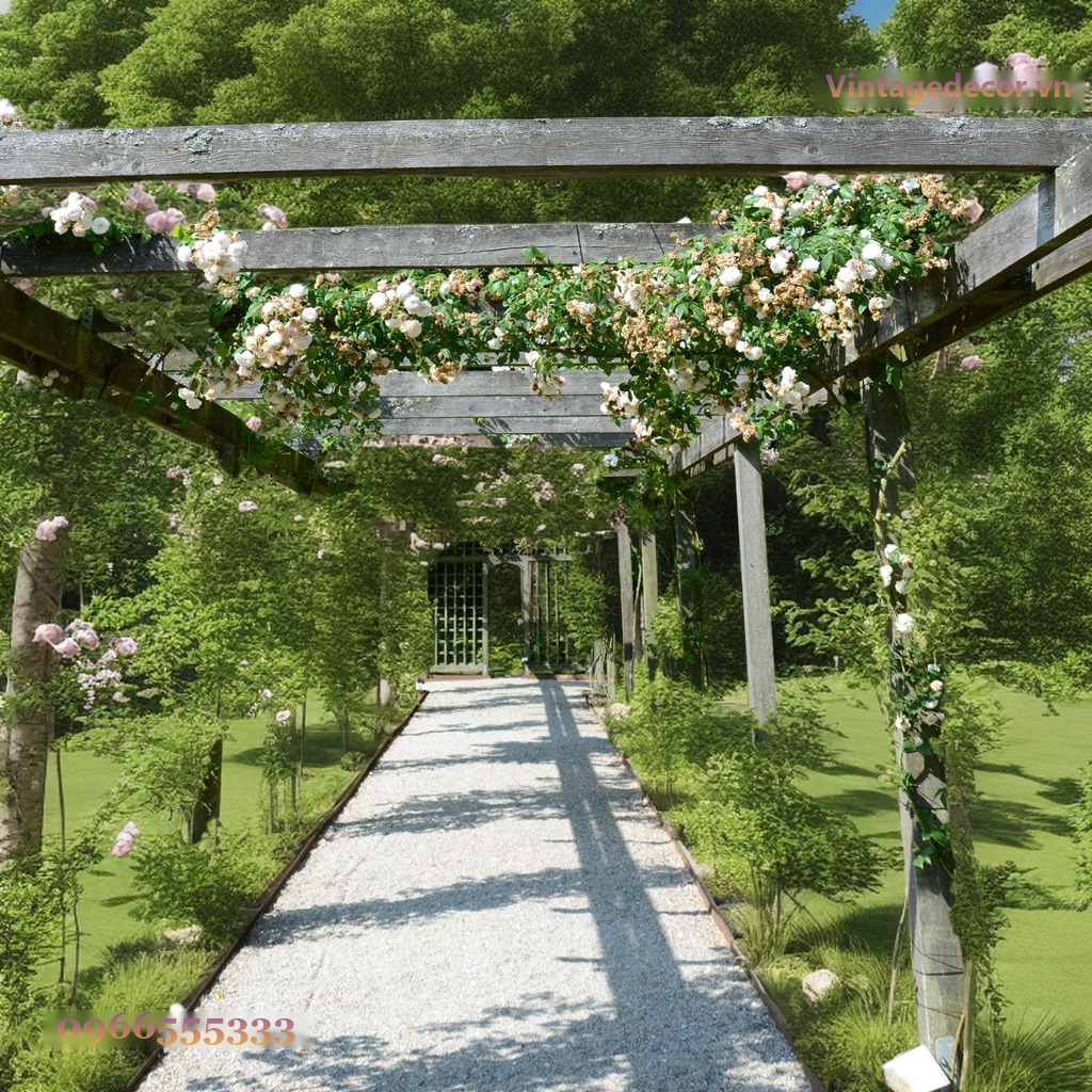 Giàn Hoa Pergola P16 - Hành Lang Dài Phủ Hoa Hồng Leo, Gỗ Thông Giàn Hoa Pergola P16 - Hành Lang Dài Phủ Hoa Hồng Leo, Gỗ Thông
