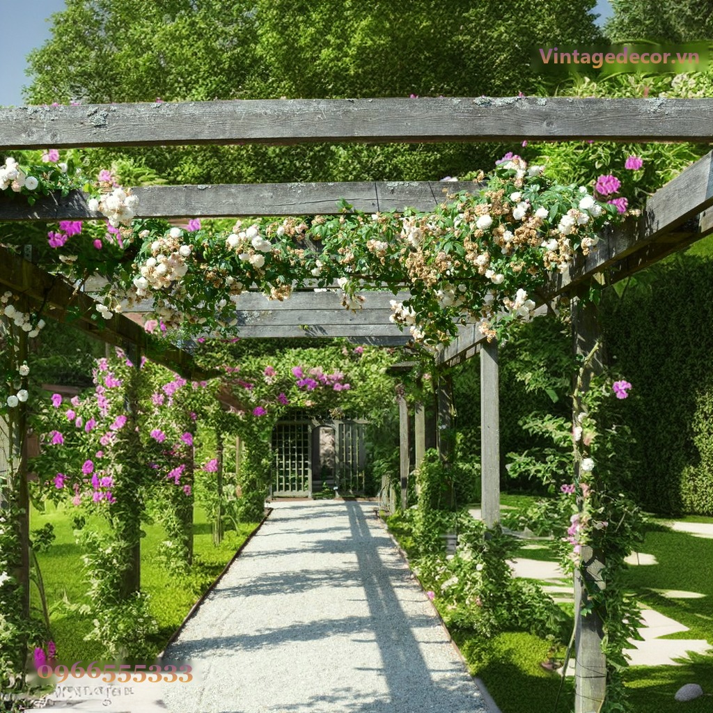 Giàn Hoa Pergola P16 - Hành Lang Dài Phủ Hoa Hồng Leo, Gỗ Thông Giàn Hoa Pergola P16 - Hành Lang Dài Phủ Hoa Hồng Leo, Gỗ Thông