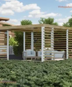 Giàn hoa pergola P17 vách lam ngang ba mặt, cột trắng, sofa đệm xám xanh bên trong