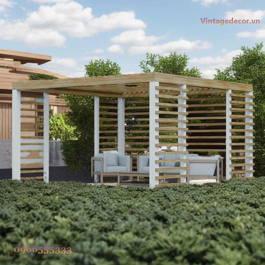 Giàn Hoa Pergola P17 - Vách Lam Ngang Ba Mặt, Gỗ Thông Giàn Hoa Pergola P17 - Vách Lam Ngang Ba Mặt, Gỗ Thông