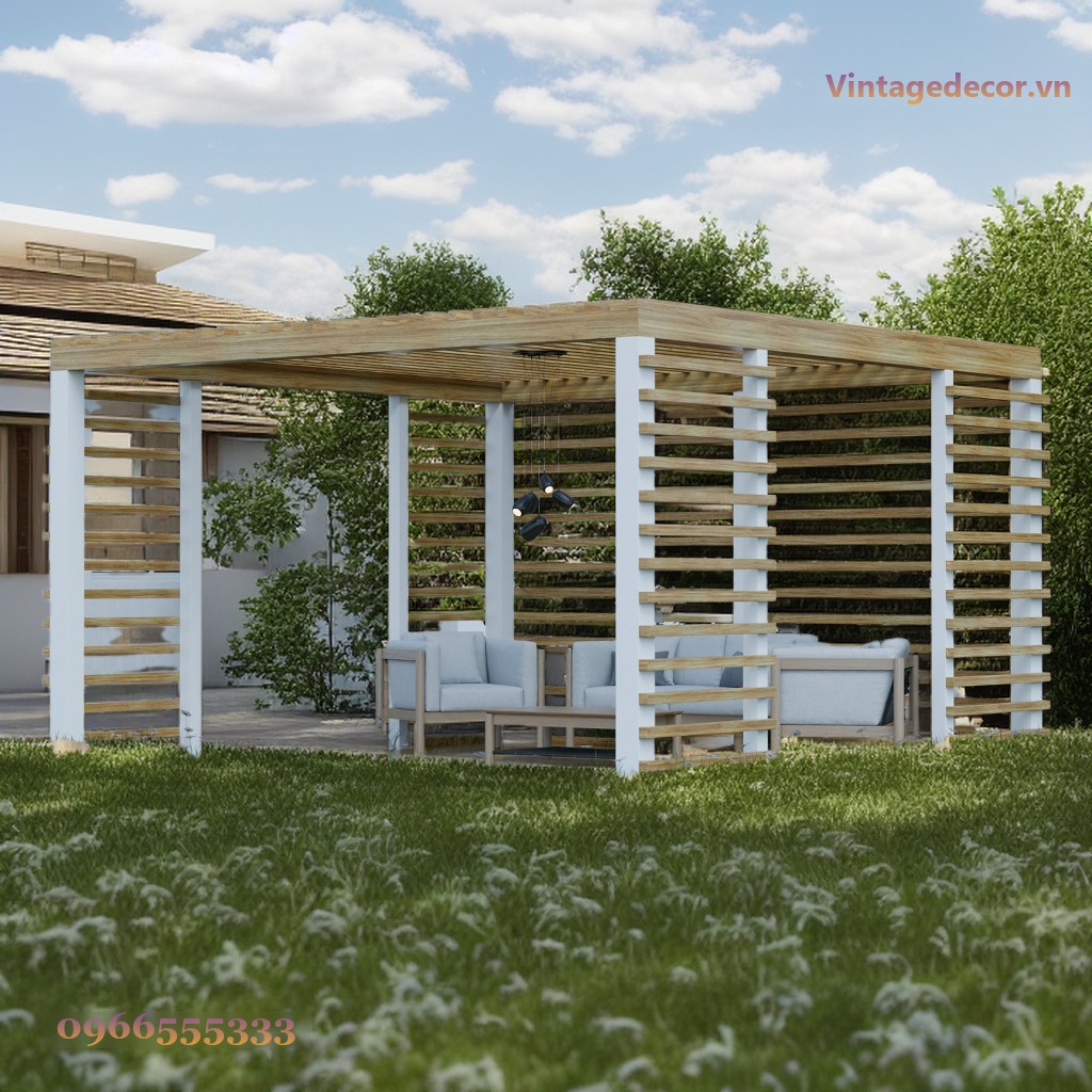 Giàn Hoa Pergola P17 - Vách Lam Ngang Ba Mặt, Gỗ Thông Giàn Hoa Pergola P17 - Vách Lam Ngang Ba Mặt, Gỗ Thông