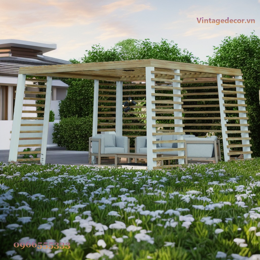 Giàn Hoa Pergola P17 - Vách Lam Ngang Ba Mặt, Gỗ Thông Giàn Hoa Pergola P17 - Vách Lam Ngang Ba Mặt, Gỗ Thông