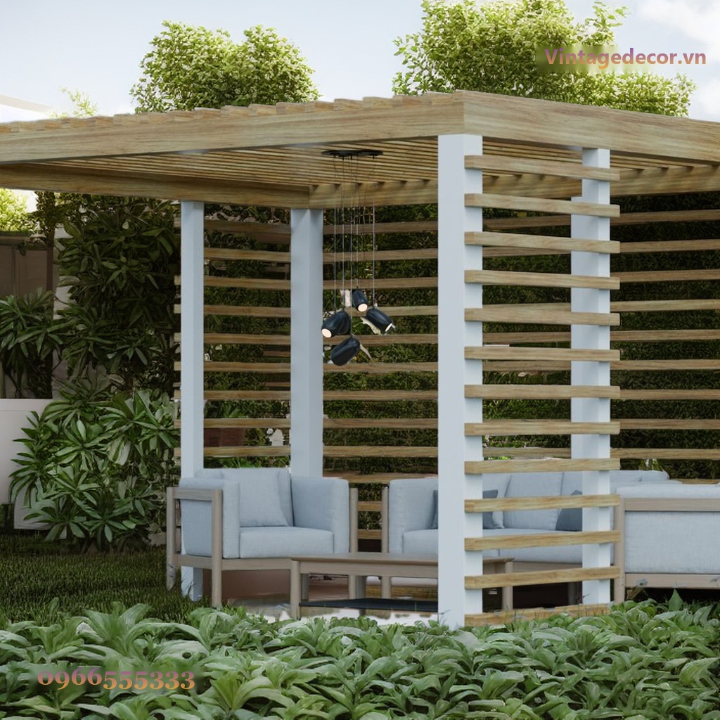 Giàn Hoa Pergola P17 - Vách Lam Ngang Ba Mặt, Gỗ Thông Giàn Hoa Pergola P17 - Vách Lam Ngang Ba Mặt, Gỗ Thông