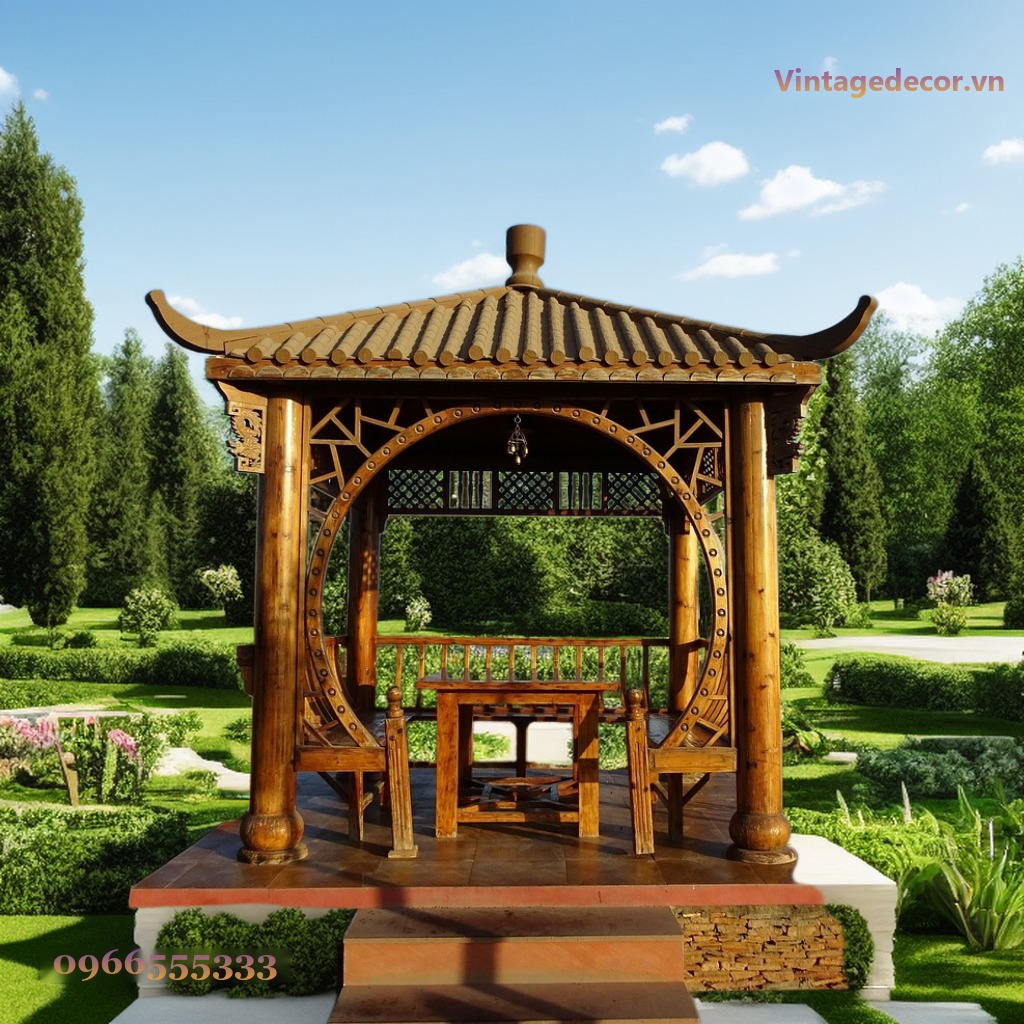 Giàn Hoa Pergola P18 - Mái Ngói Á Đông Vòm Tròn Chạm, Gỗ Thông Giàn Hoa Pergola P18 - Mái Ngói Á Đông Vòm Tròn Chạm, Gỗ Thông