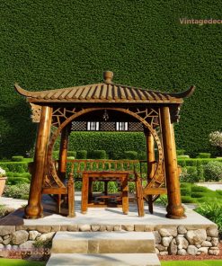 Giàn Hoa Pergola P18 - Mái Ngói Á Đông Vòm Tròn Chạm, Gỗ Thông