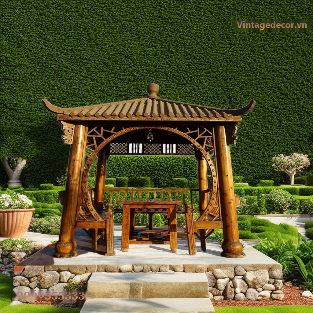 Giàn Hoa Pergola P18 - Mái Ngói Á Đông Vòm Tròn Chạm, Gỗ Thông Giàn Hoa Pergola P18 - Mái Ngói Á Đông Vòm Tròn Chạm, Gỗ Thông