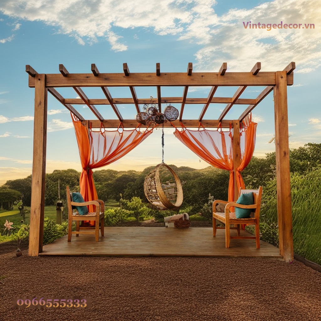 Giàn Hoa Pergola P19 - Khung Mở Rèm Voan Ghế Treo, Gỗ Thông Giàn Hoa Pergola P19 - Khung Mở Rèm Voan Ghế Treo, Gỗ Thông