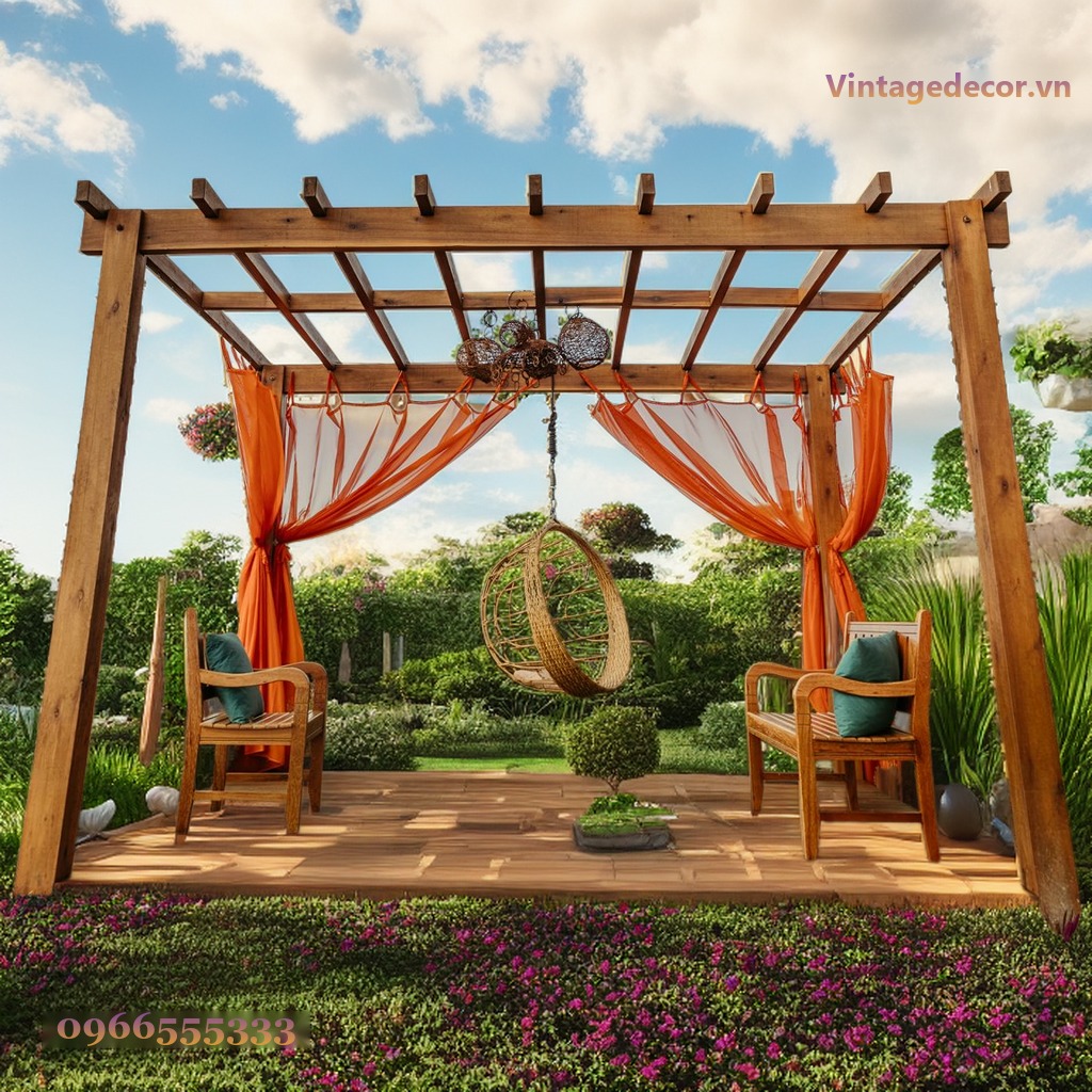 Giàn Hoa Pergola P19 - Khung Mở Rèm Voan Ghế Treo, Gỗ Thông Giàn Hoa Pergola P19 - Khung Mở Rèm Voan Ghế Treo, Gỗ Thông