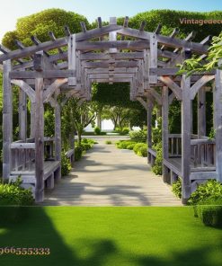 Giàn Hoa Pergola P20 - Hành Lang Gỗ Mộc Ghế Băng Hai Bên, Gỗ Thông