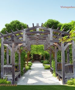 Giàn Hoa Pergola P20 - Hành Lang Gỗ Mộc Ghế Băng Hai Bên, Gỗ Thông