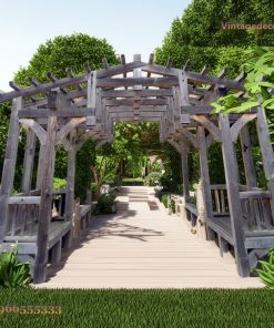 Giàn Hoa Pergola P20 - Hành Lang Gỗ Mộc Ghế Băng Hai Bên, Gỗ Thông