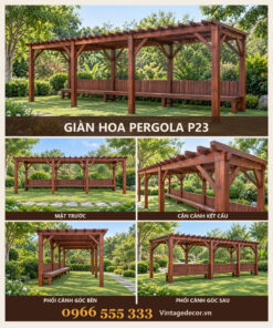 Giàn Hoa Pergola P23 - Hành Lang Dài Ghế Băng Liền Khung, Gỗ Thông