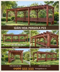 Giàn hoa pergola P23 hành lang dài ghế băng – ảnh ghép mặt trước, kết cấu, góc bên, góc sau