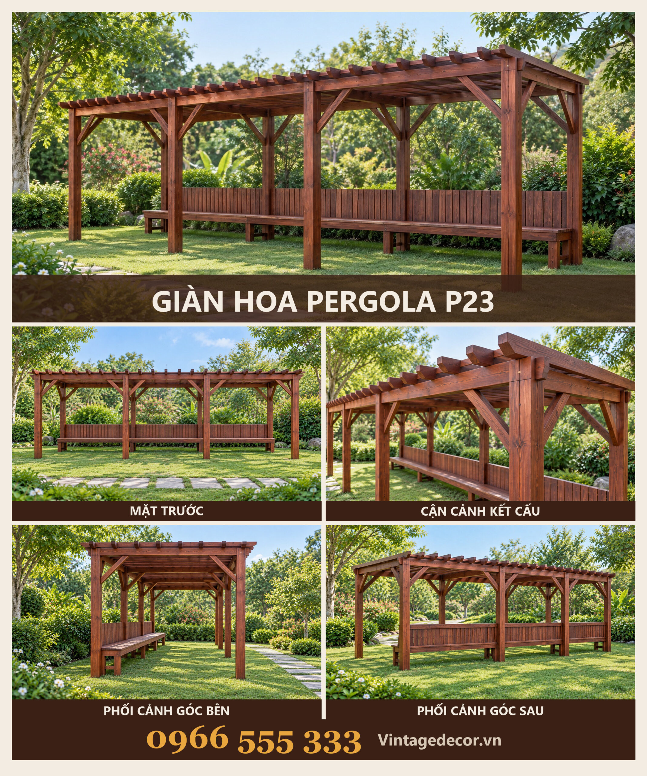 Giàn Hoa Pergola P23 - Hành Lang Dài Ghế Băng Liền Khung, Gỗ Thông Giàn Hoa Pergola P23 - Hành Lang Dài Ghế Băng Liền Khung, Gỗ Thông