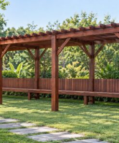 Giàn Hoa Pergola P23 - Hành Lang Dài Ghế Băng Liền Khung, Gỗ Thông