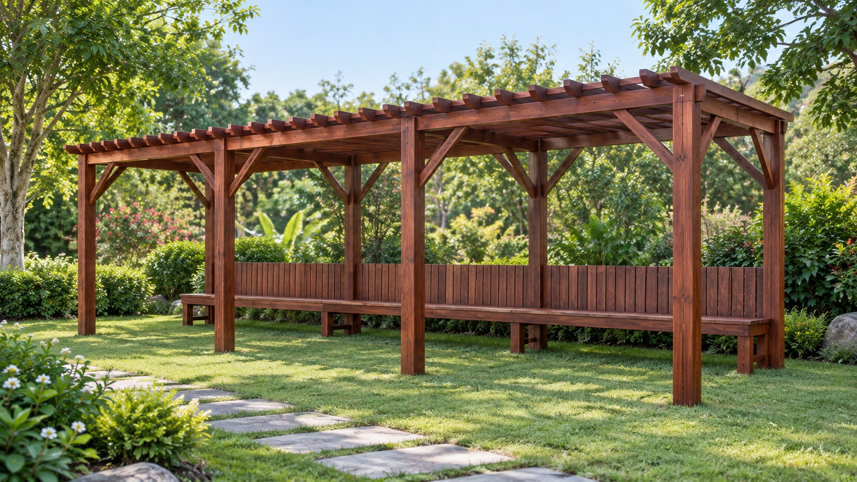 Giàn Hoa Pergola P23 - Hành Lang Dài Ghế Băng Liền Khung, Gỗ Thông Giàn Hoa Pergola P23 - Hành Lang Dài Ghế Băng Liền Khung, Gỗ Thông