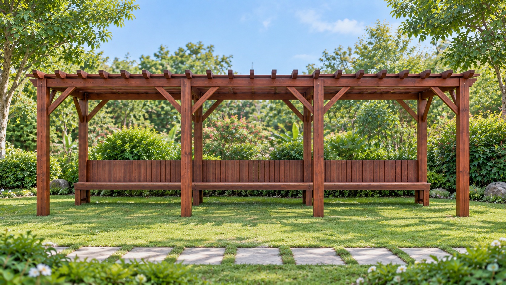 Giàn Hoa Pergola P23 - Hành Lang Dài Ghế Băng Liền Khung, Gỗ Thông Giàn Hoa Pergola P23 - Hành Lang Dài Ghế Băng Liền Khung, Gỗ Thông