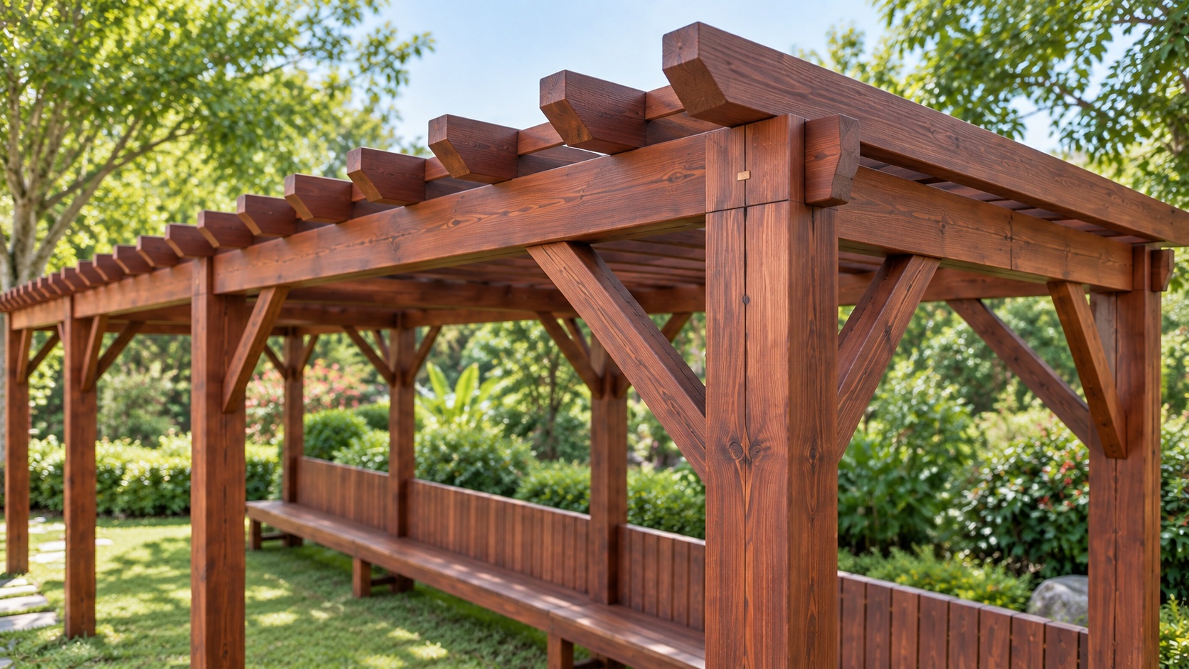Giàn Hoa Pergola P23 - Hành Lang Dài Ghế Băng Liền Khung, Gỗ Thông Giàn Hoa Pergola P23 - Hành Lang Dài Ghế Băng Liền Khung, Gỗ Thông