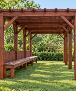 Giàn Hoa Pergola P23 - Hành Lang Dài Ghế Băng Liền Khung, Gỗ Thông