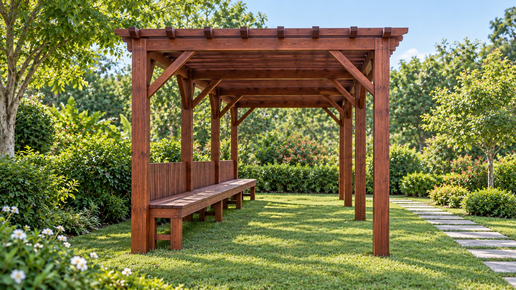 Giàn Hoa Pergola P23 - Hành Lang Dài Ghế Băng Liền Khung, Gỗ Thông Giàn Hoa Pergola P23 - Hành Lang Dài Ghế Băng Liền Khung, Gỗ Thông