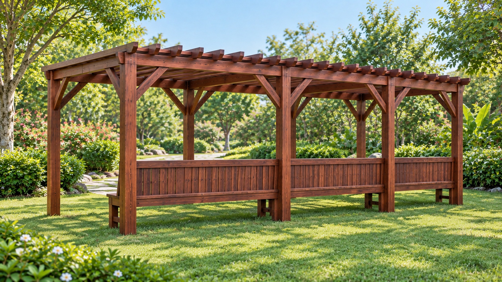 Giàn Hoa Pergola P23 - Hành Lang Dài Ghế Băng Liền Khung, Gỗ Thông Giàn Hoa Pergola P23 - Hành Lang Dài Ghế Băng Liền Khung, Gỗ Thông