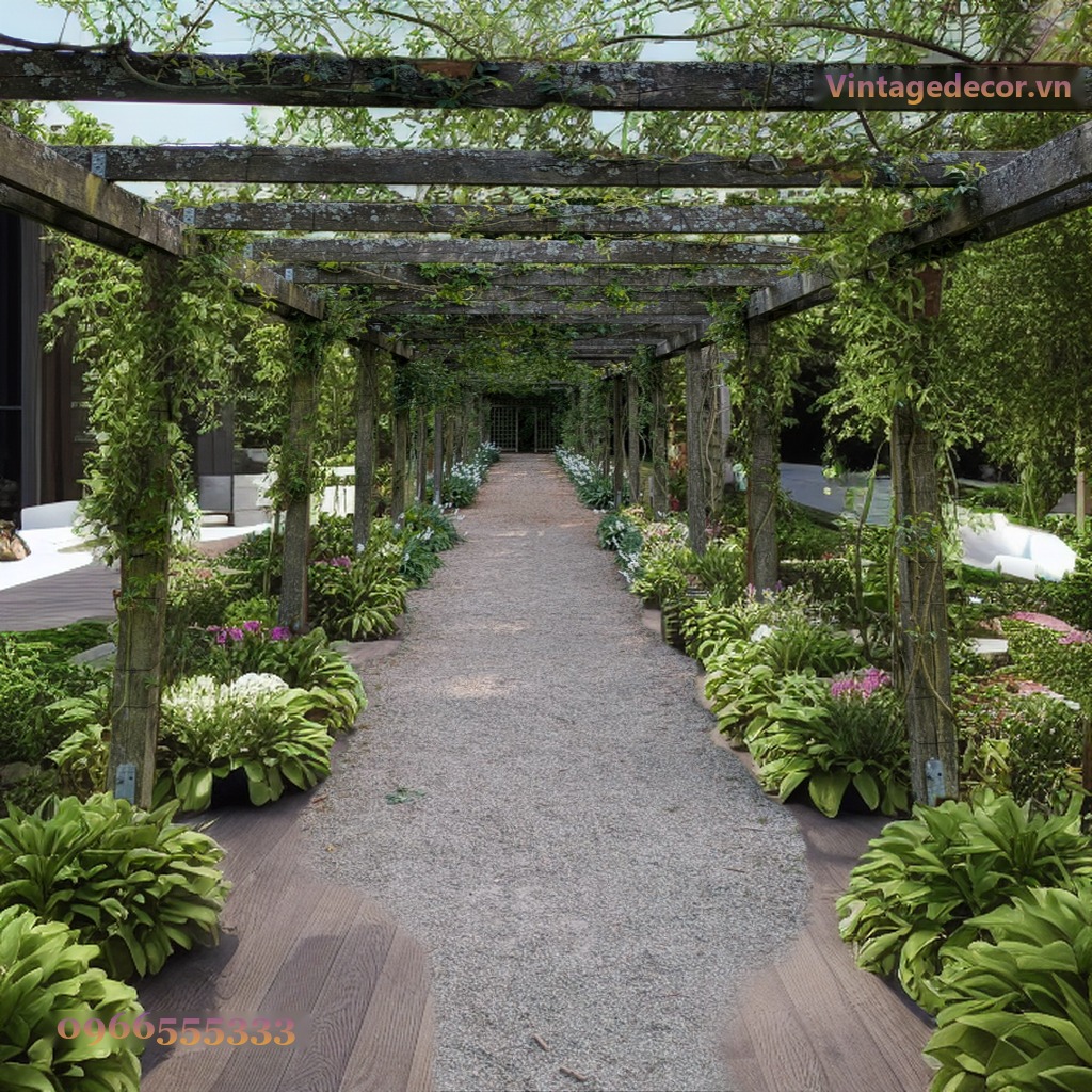 Giàn Hoa Pergola P26 - Lối Đi Dài Phủ Dây Leo, Gỗ Thông Giàn Hoa Pergola P26 - Lối Đi Dài Phủ Dây Leo, Gỗ Thông