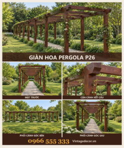 Giàn Hoa Pergola P26 - Hành Lang Cong Phủ Dây Leo Hoa Trắng, Gỗ Thông
