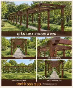 Giàn hoa pergola P26 hành lang cong dây leo – ảnh ghép mặt trước, kết cấu, góc bên, góc sau