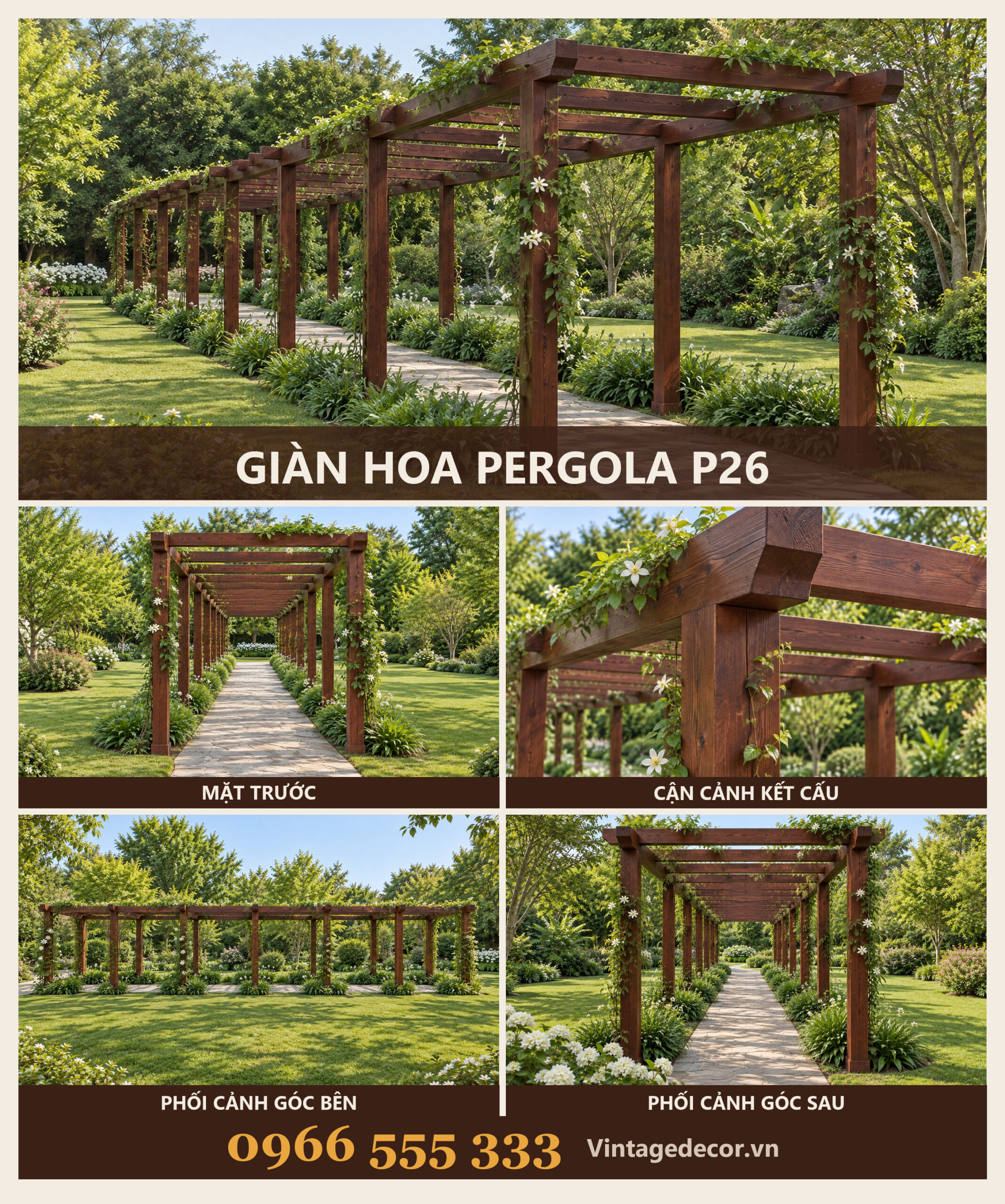 Giàn Hoa Pergola P26 - Hành Lang Cong Phủ Dây Leo Hoa Trắng, Gỗ Thông Giàn Hoa Pergola P26 - Hành Lang Cong Phủ Dây Leo Hoa Trắng, Gỗ Thông
