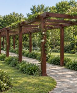 Giàn Hoa Pergola P26 - Hành Lang Cong Phủ Dây Leo Hoa Trắng, Gỗ Thông